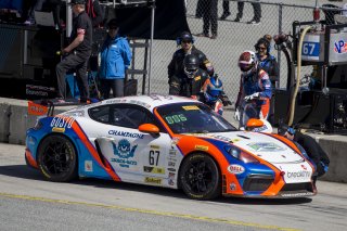 #67 Porsche 718 Cayman CS MR, Chris Bellomo, Kevin Woods, race 2, Pirelli GT4 America, pit stop, WeatherTech Raceway Laguna Seca, March 2019.  (SRO/Brian Cleary)
 | SRO Motorsports Group