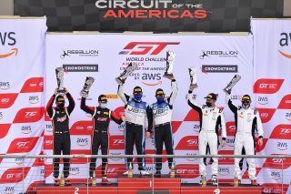 #3 McLaren 570s GT4 of Michael McAleenan and Dan Rogers, Motorsport USA, GT4 SprintX,   
#50 Panoz Esperante Avezzano of Matt Keegan and Ian James, Panoz Racing, GT4 Sprint-X, Pro-Am, 
#37 Porsche Cayman CS MR of Charlie Belluardo and Jan Heylen, RS1, GT4 | &copy; 2020 Gavin Baker
