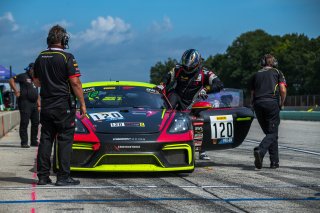 #120 Porsche 718 Cayman GT Clubsport MR of Adam Adelson and Elliott Skeer, Premier Racing, Am, Pirelli GT4 America, SRO America, Road America, Elkhart Lake, Wisconsin, August 2021. | Fabian Lagunas/SRO