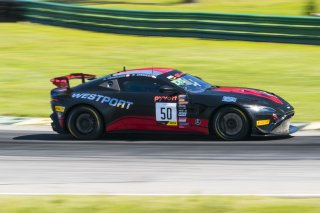 #50 Aston Martin Vantage AMR GT4 of Ross Chouest and Aaron Povoledo, Chouest Povoledo racing, GT4 America, Pro-Am, SRO America, VIR, Virginia International Rcaeway, Alton, Virginia, June 2022. | Grier Martin/SRO