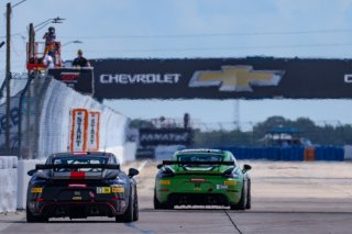 #18 Porsche 718 Cayman GT4 RS Clubsport of Eric Filgueiras and Steven McAleer, RS1, GT4 America, Silver, and #83 Porsche718 Cayman GT4 RS Clubsport of Juan Martinez and Nelson Calle, Am, SRO America, Sebring Int’l Raceway, Sebring Florida, September 2022
 | Regis Lefebure/SRO