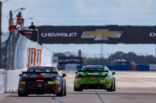 #18 Porsche 718 Cayman GT4 RS Clubsport of Eric Filgueiras and Steven McAleer, RS1, GT4 America, Silver, and #83 Porsche718 Cayman GT4 RS Clubsport of Juan Martinez and Nelson Calle, Am, SRO America, Sebring Int’l Raceway, Sebring Florida, September 2022
 | Regis Lefebure/SRO