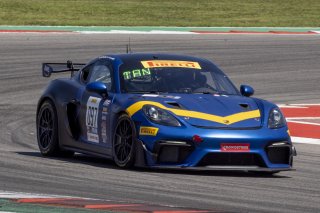 #097 Porsche 718 Cayman GT4 RS Clubsport of Anderson Onto and Jaden Conwright, Rotek Racing, Pirelli GT4 America, Pro-Am, front three quarter shot, SRO America, Circuit of the Americas, Austin TX, May 2023.
 | Brian Cleary/SRO