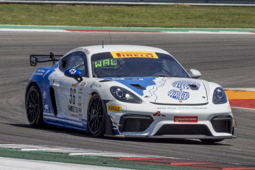 #96 Porsche 718 Cayman GT4 RS Clubsport of Chris Walsh and Dominic Starkweather, OGH/Valkyrie Velocity, Pirelli GT4 America, Silver, front three quarter shot, SRO America, Circuit of the Americas, Austin TX, May 2023.
 | Brian Cleary/SRO
