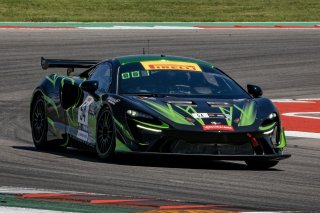 #54 McLaren Arturo GT4 of Tim Pappas and Jeroen Bleekemolen, Black Swan Racing, Pirelli GT4 America, Pro-Am, front three quarter shot, SRO America, Circuit of the Americas, Austin TX, May 2023.
 | Brian Cleary/SRO
