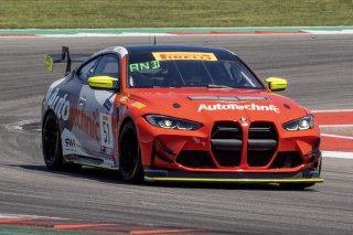#51 BMW M4 GT4 of JCD Dubets and Zac Anderson, Auto Technic Racing, Pirelli GT4 America, Silver, front three quarter shot, SRO America, Circuit of the Americas, Austin TX, May 2023.
 | Brian Cleary/SRO