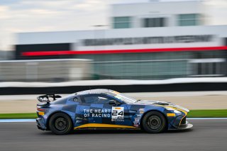 #24 Aston Martin Vantage AMR GT4 of Gray Newell and Roman De Angelis, Heart of Racing Team, GT4 America, Pro-Am, SRO America, Indianapolis Motor Speedway, Indianapolis, IN October 3-6
 | Fred Hardy | www.FredHardyPhoto.com for SRO ©2024