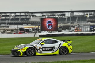 #47 Porsche 718 Cayman GT4 RS Clubsport of Matt Travis / Matheus Leist, NOLASPORT, GT4 America, Pro-Am, SRO America, Indianapolis Motor Speedway, Indianapolis, IN, Oct 16–19, 2025
 | Fred Hardy | www.FredHardyPhoto.com ©2025