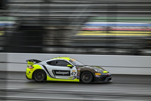 #47 Porsche 718 Cayman GT4 RS Clubsport of Matt Travis / Matheus Leist, NOLASPORT, GT4 America, Pro-Am, SRO America, Indianapolis Motor Speedway, Indianapolis, IN, Oct 16–19, 2025
 | Fred Hardy | www.FredHardyPhoto.com ©2025