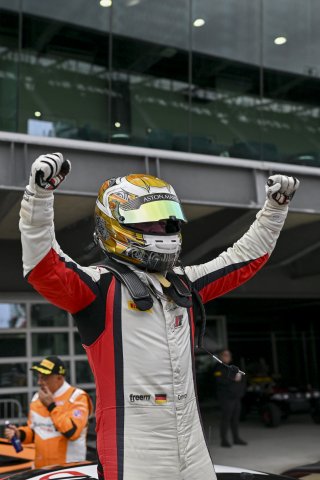 #4 Aston Martin Vantage AMR GT4 EVO of Braydon Arthur / Mike David Ortmann, JMF Motorsports, GT4 America, Silver, SRO America, Indianapolis Motor Speedway, Indianapolis, IN, Oct 16–19, 2025
 | Fred Hardy | www.FredHardyPhoto.com ©2025