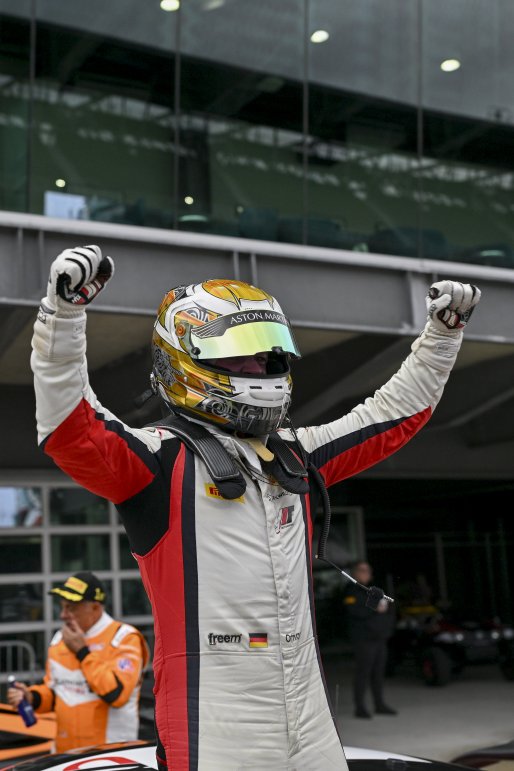 #4 Aston Martin Vantage AMR GT4 EVO of Braydon Arthur / Mike David Ortmann, JMF Motorsports, GT4 America, Silver, SRO America, Indianapolis Motor Speedway, Indianapolis, IN, Oct 16–19, 2025
 | Fred Hardy | www.FredHardyPhoto.com ©2025