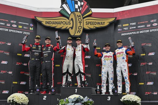 #4 Aston Martin Vantage AMR GT4 EVO of Braydon Arthur / Mike David Ortmann, JMF Motorsports, GT4 America, Silver, SRO America, Indianapolis Motor Speedway, Indianapolis, IN, Oct 16–19, 2025 #97 BMW M4 GT4 (G82) EVO of Kenton Koch / Kevin Boehm, Random Van | Fred Hardy | www.FredHardyPhoto.com ©2025