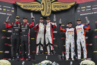 #4 Aston Martin Vantage AMR GT4 EVO of Braydon Arthur / Mike David Ortmann, JMF Motorsports, GT4 America, Silver, SRO America, Indianapolis Motor Speedway, Indianapolis, IN, Oct 16–19, 2025 #97 BMW M4 GT4 (G82) EVO of Kenton Koch / Kevin Boehm, Random Van | Fred Hardy | www.FredHardyPhoto.com ©2025