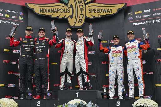 #4 Aston Martin Vantage AMR GT4 EVO of Braydon Arthur / Mike David Ortmann, JMF Motorsports, GT4 America, Silver, SRO America, Indianapolis Motor Speedway, Indianapolis, IN, Oct 16–19, 2025 #97 BMW M4 GT4 (G82) EVO of Kenton Koch / Kevin Boehm, Random Van | Fred Hardy | www.FredHardyPhoto.com ©2025