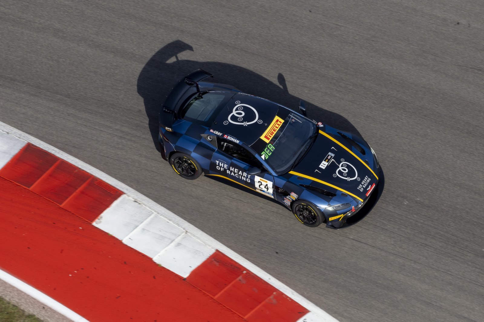 #24 Aston Martin Vantage AMR GT4 of Gray Newell and Roman De Angelis, Heart of Racing Team, Pirelli GT4 America, Am, SRO America, Circuit of the Americas, Austin TX, May 2023.
 | Brian Cleary/SRO