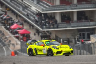 Austin , TX - March 03: Alan Brynjolfsson  or Trent Hindman pilots the #77 Porsche 718 Cayman CS, competing in the GT4 East class during the Blancpain GT World Challenge Presented by Euroworld Motorsports on March 03, 2019 at the Circuit of The Americas i | SRO Motorsports Group