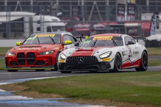 #34 Mercedes-AMG GT4 of Michai Stephens and Jesse Webb, Conquest Racing/WF Motorsports, Pirelli GT4 America, Silver, #51 BMW M4 GT4 of JCD Dubets and Zac Anderson, Auto Technic Racing, SRO America, Indianapolis Motor Speedway, Indianapolis, IN, October 20 | Brian Cleary/SRO