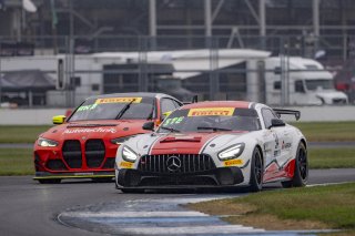 #34 Mercedes-AMG GT4 of Michai Stephens and Jesse Webb, Conquest Racing/WF Motorsports, Pirelli GT4 America, Silver, #51 BMW M4 GT4 of JCD Dubets and Zac Anderson, Auto Technic Racing, SRO America, Indianapolis Motor Speedway, Indianapolis, IN, October 20 | Brian Cleary/SRO