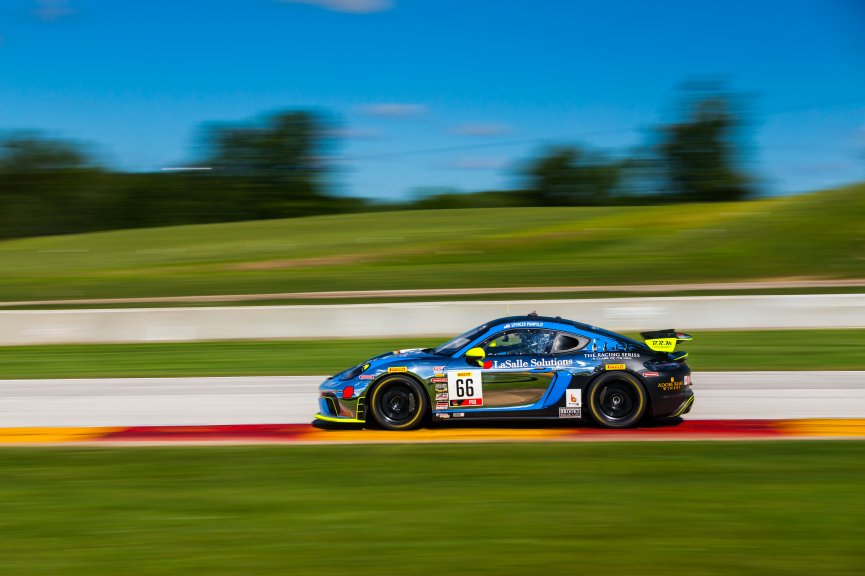 #66 Porsche 718 Cayman GT4 of Spencer Pumpelly, TRG, GT4 Sprint,  SRO America, Road America,  Elkhart Lake,  WI, July 2020.